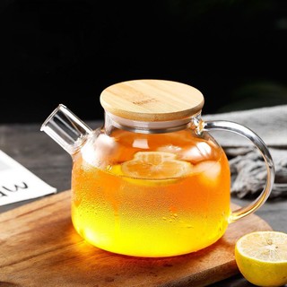 Ấm Trà 6 Chén Thủy Tinh, Bình Đun Nước, Detox Pha Trà 1000ML Nắp Gỗ Chịu Nhiệt