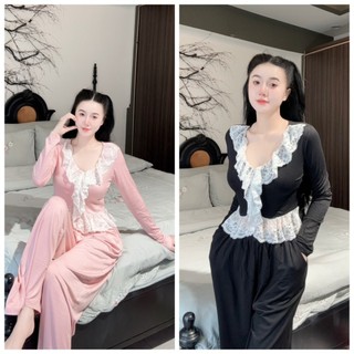 Đồ Bộ, Đồ Ngủ Mặc Nhà  Áo Crotop Cổ Bèo Nhúng, Chất Liệu Thun Cotton Mềm Dẻo, Mát Mịn, Free Size 40-58kg
