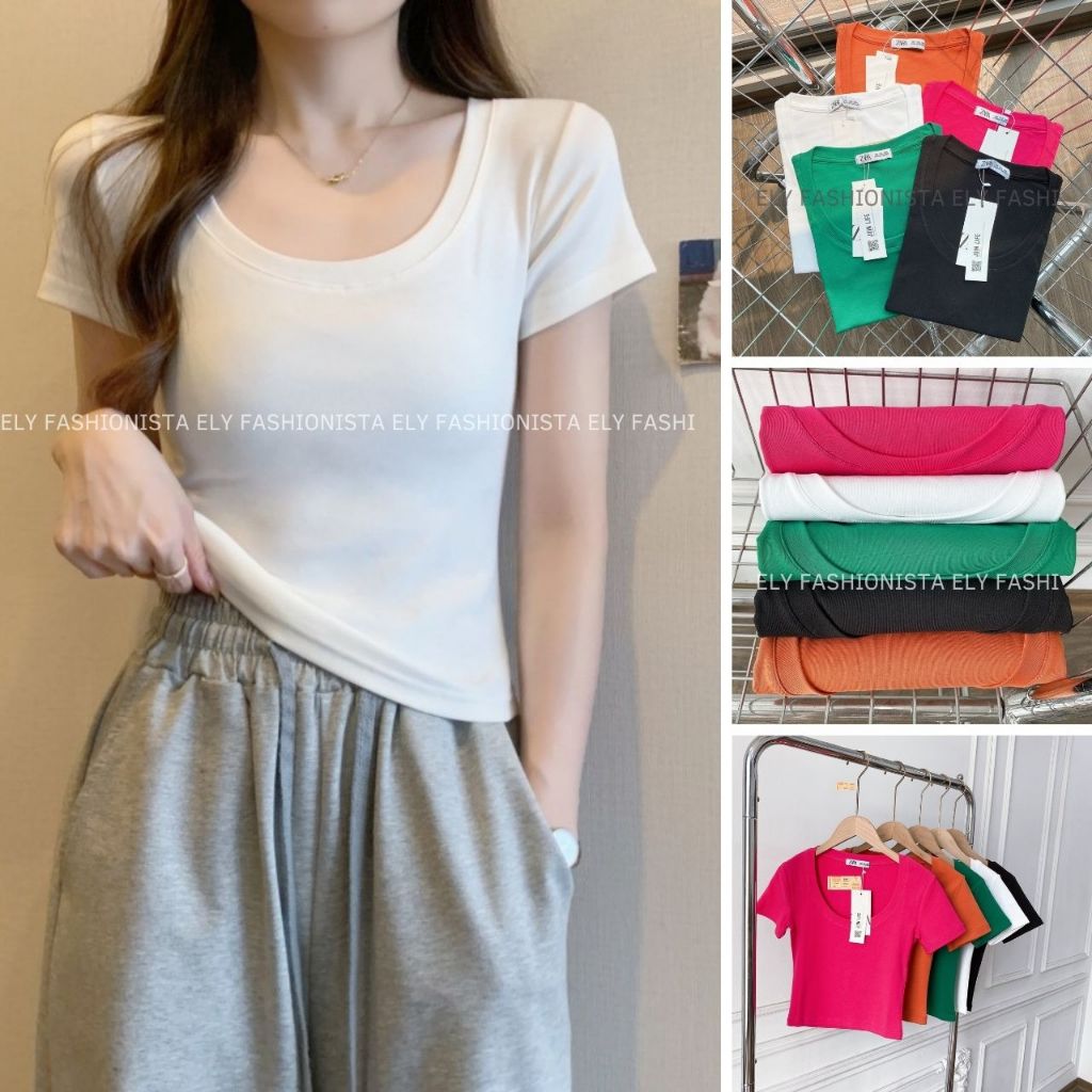 Áo phông nữ ELY cổ tròn sâu cộc tay form đẹp thun trơn co giãn tốt thời trang phong cách ELY273. | BigBuy360 - bigbuy360.vn