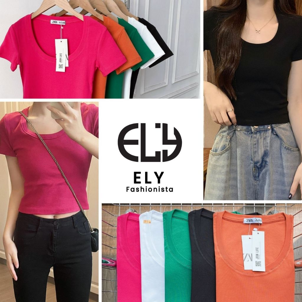 Áo phông nữ ELY cổ tròn sâu cộc tay form đẹp thun trơn co giãn tốt thời trang phong cách ELY273. | BigBuy360 - bigbuy360.vn