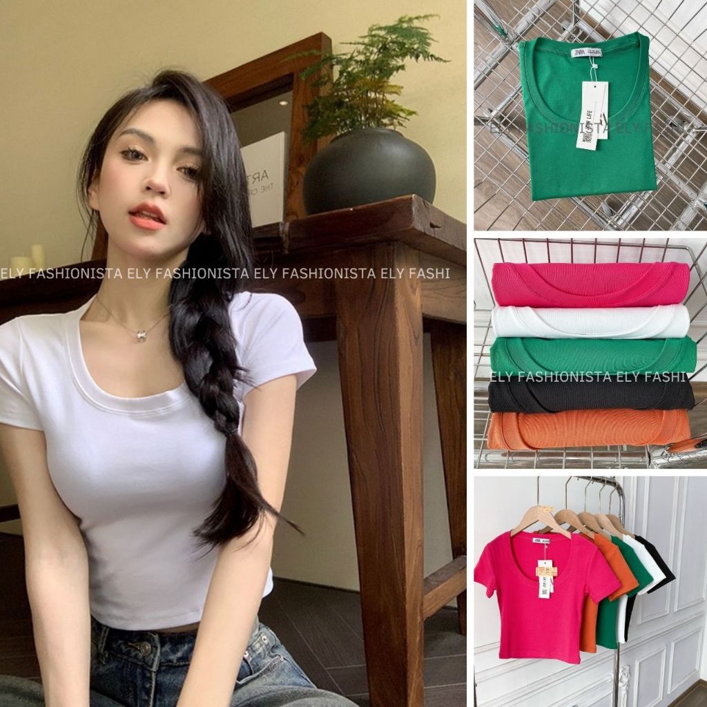 Áo phông nữ ELY cổ tròn sâu cộc tay form đẹp thun trơn co giãn tốt thời trang phong cách ELY273. | BigBuy360 - bigbuy360.vn