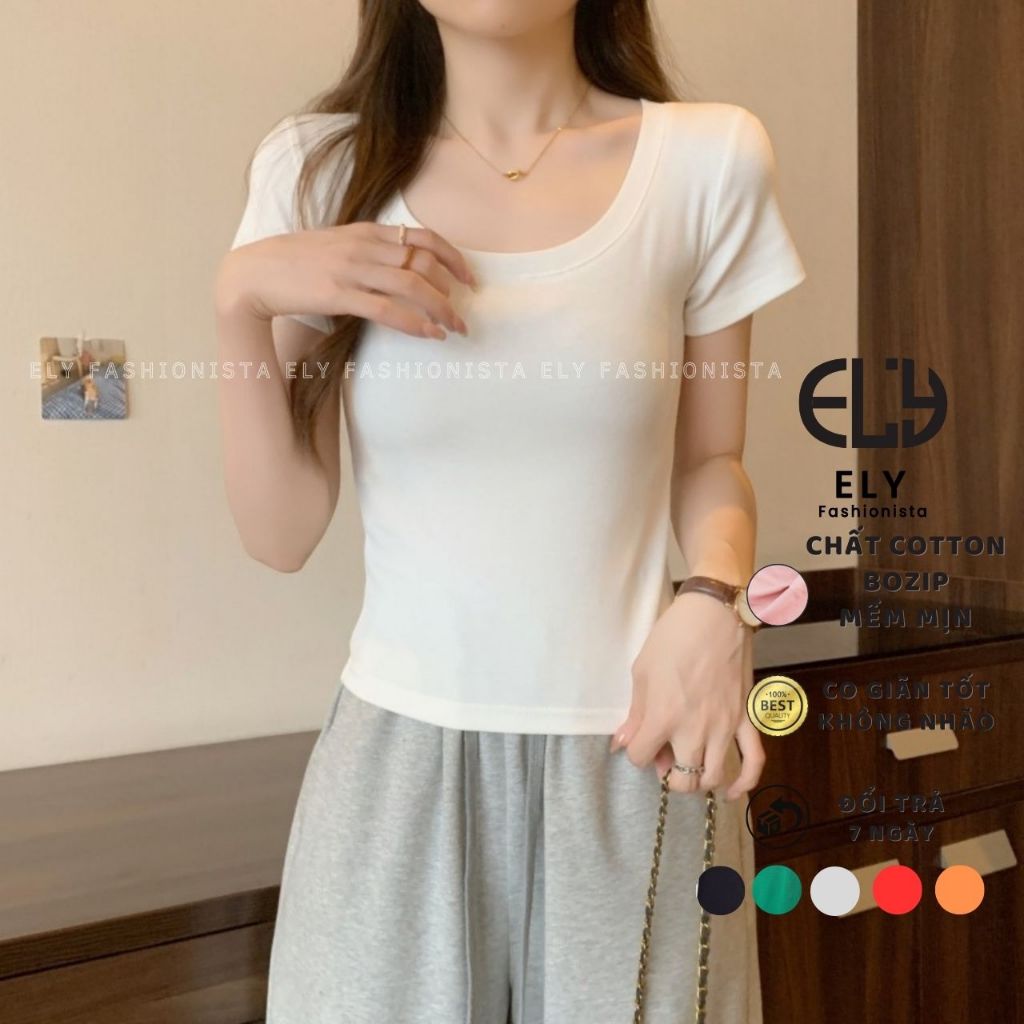 Áo phông nữ ELY cổ tròn sâu cộc tay form đẹp thun trơn co giãn tốt thời trang phong cách ELY273. | BigBuy360 - bigbuy360.vn