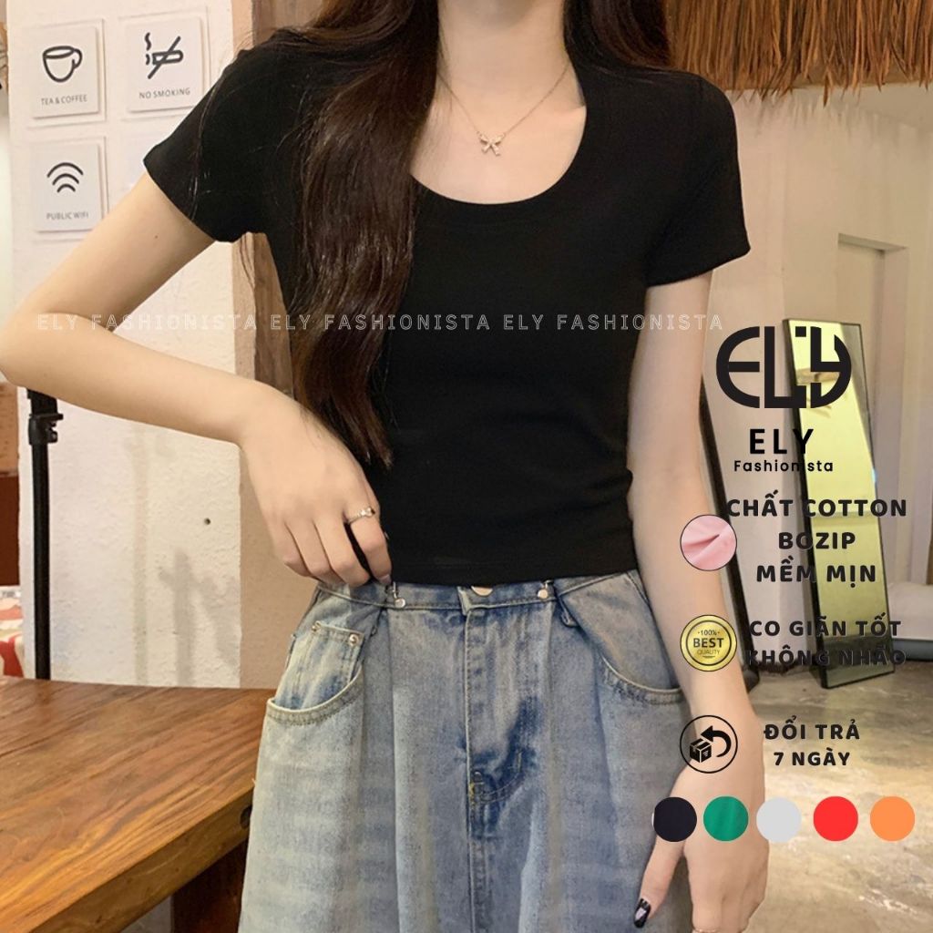Áo phông nữ ELY cổ tròn sâu cộc tay form đẹp thun trơn co giãn tốt thời trang phong cách ELY273. | BigBuy360 - bigbuy360.vn