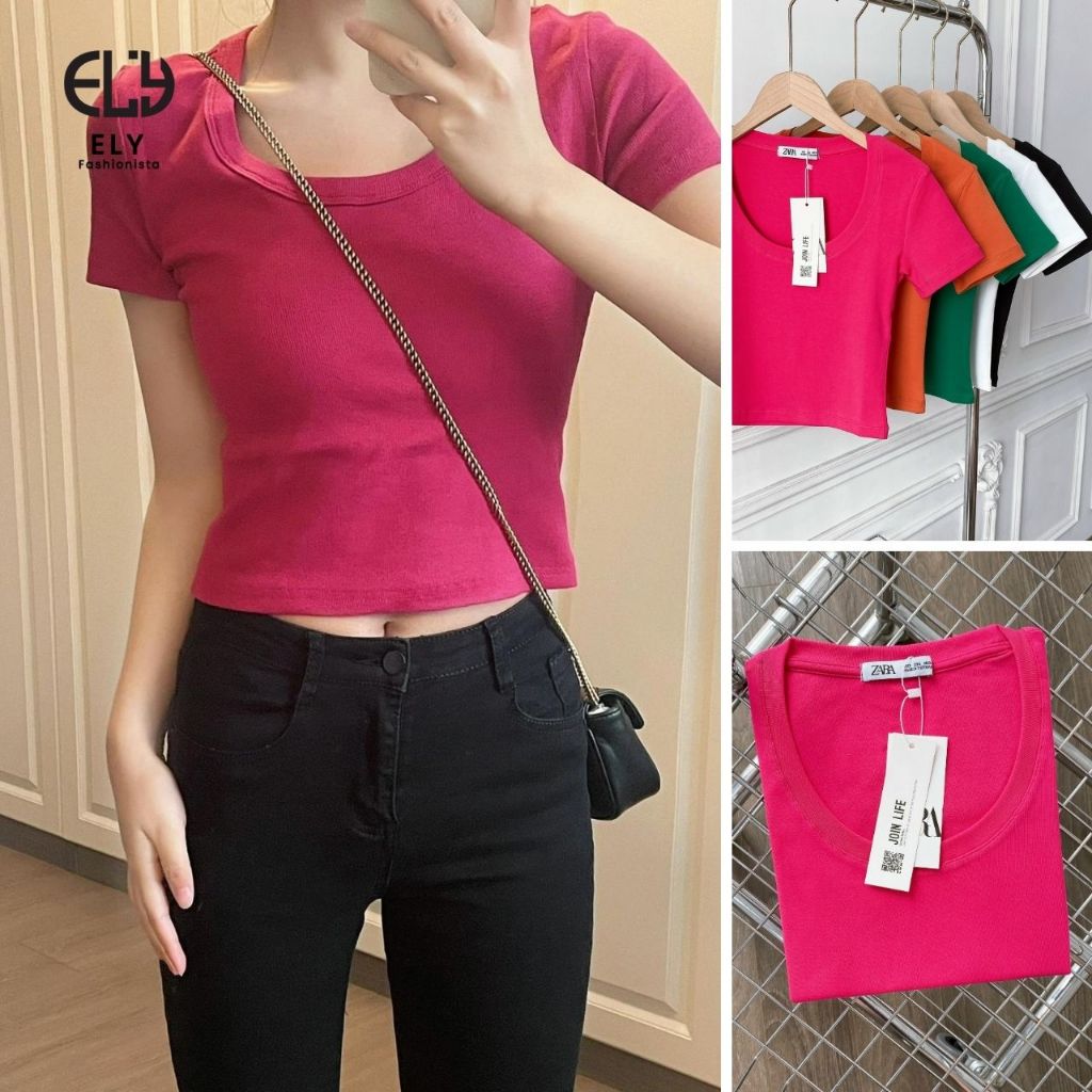 Áo phông nữ ELY cổ tròn sâu cộc tay form đẹp thun trơn co giãn tốt thời trang phong cách ELY273. | BigBuy360 - bigbuy360.vn