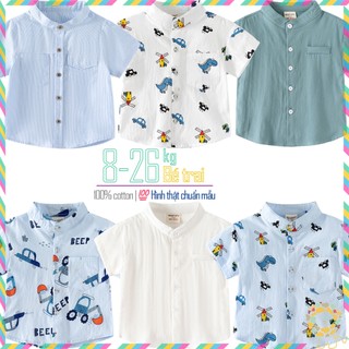 Áo sơ mi bé trai cộc tay wellkids áo sơ mi cổ tàu phong cách hàn quốc mẫu mới 2024