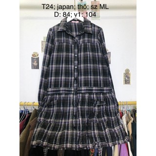(15.4) Đầm sơ mi nữ si tuyển 2hand dài tay, vải kẻ caro, chất thô cotton, dáng chữ A, có túi