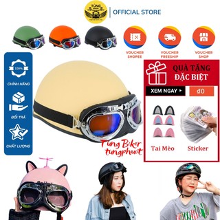 Mũ Bảo Hiểm Nửa Đầu 1/2 Cao Cấp Chính Hãng Lót Đen, Xốp Ép, Khóa Đỏ Xịn (Tặng Sticker + Tai Mèo)
