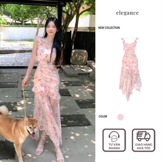 [SẴN] Đầm hoa hồng nhí tay cánh tiên phối bèo nhún dáng dài đuôi cá thời trang nữ tính ngọt ngào