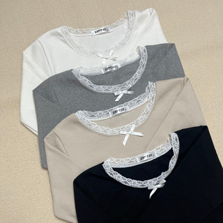 Áo Thun Tay Dài Form Ôm Cổ Tròn Viên Ren Phối Nơ From Baby Tee, Co giản tốt