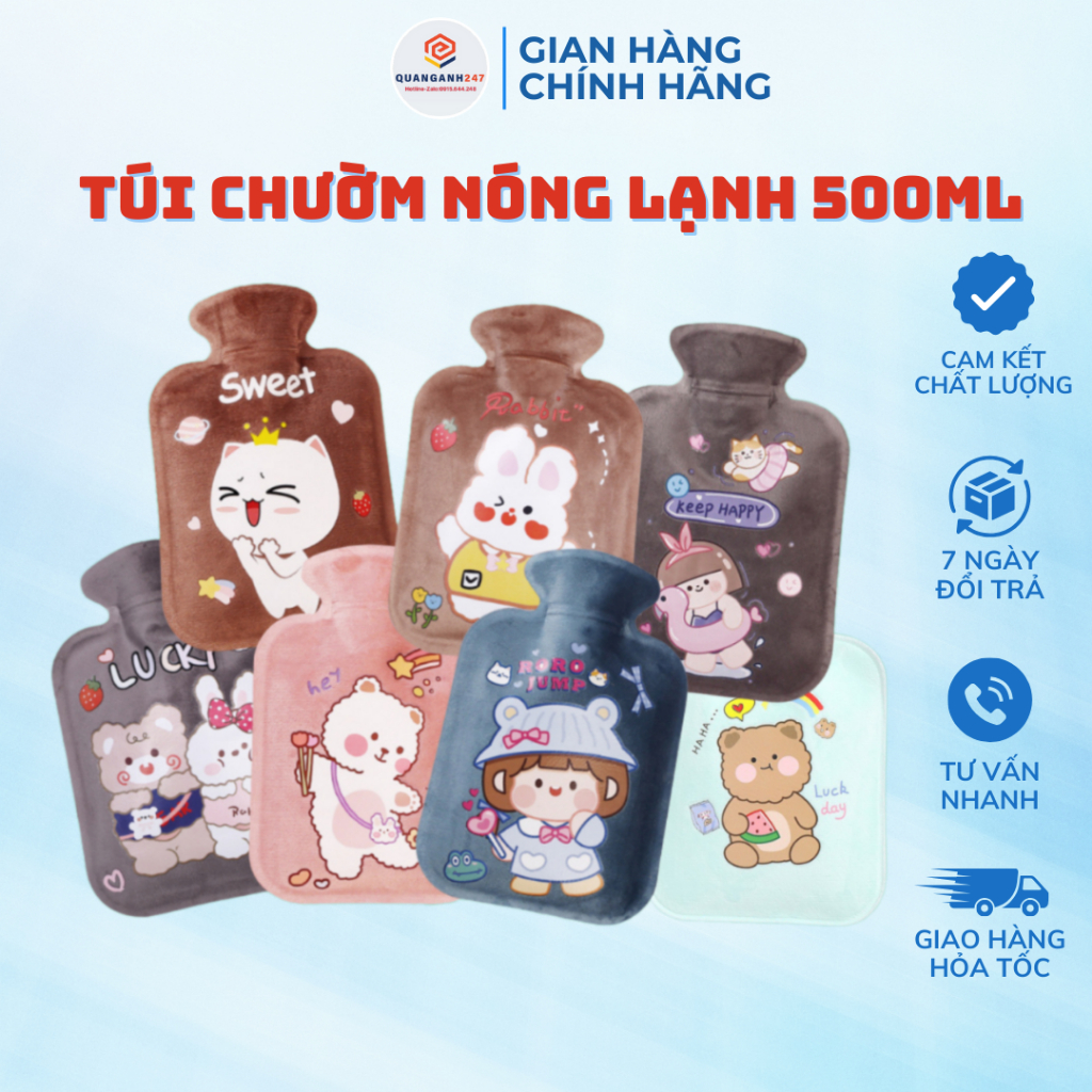 Túi chườm nóng lạnh 300ml- 500ml lông mịn in hoạ tiết hoạt hình giúp giảm đau sưng tấy QA HAPPY LIFE