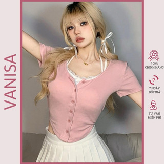 Áo croptop kiểu phối yếm ren cột dây cài cúc hồng VANISA CT027