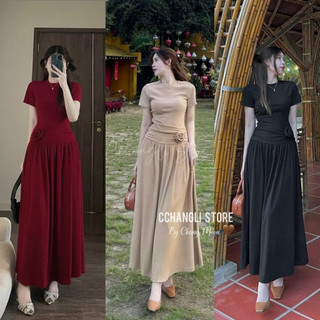 Váy nữ tay ngắn, cổ tròn đính bông mix dáng váy xòe dài điệu đà dành cho các nàng diện đi tiệc, đi chơi nhẹ nhàng.