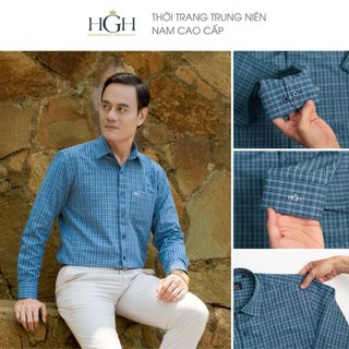 Áo Sơ Mi Trung Niên Nam Dài Tay Dáng Suông Vạt Ngang HGH FASHION Họa Tiết Kẻ Caro Màu Xanh Đậm Vải Cotton Cao Cấp