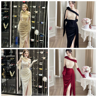 SIZE>62KG ĐẦM BODY NHUNG PHỐI KIM SA HẠT (KÈM BAO TAY)