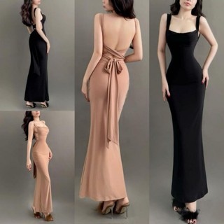 Đầm ôm body  2 dây hở lưng đan dây cột nơ dáng dài xòe đuôi cá chất thun mịn mềm mại tôn gợi cảm quyến rủ_Có mút O8769