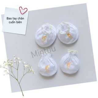 Bộ bao tay chân sơ sinh, bao tay chân cuốn biên trắng 100% cotton hiệu MINTUU - 3111