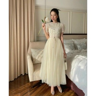 Đầm dự tiệc cổ tròn ren phối lưới xòe dáng dài Miu House