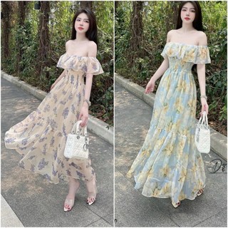 Đầm váy hoa vintage bẹt vai có mocking bo thân đẹp dịu dàng nàng thơ