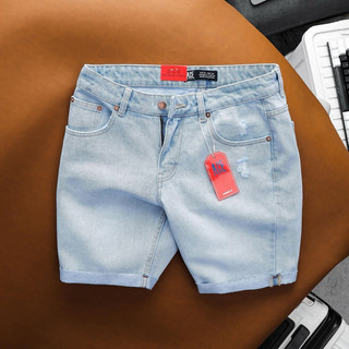 Quần đùi bò nam xanh sáng ac2403 gấp line phom trên gối, short jean nam