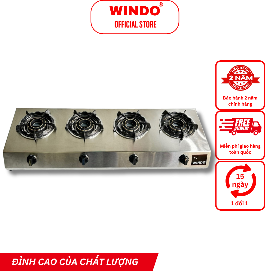 Bếp Gas Công Nghiệp Thấp Áp WINDO - 410 | Bếp gas 4 lò nấu mì cay | Bếp gas 4 lò đầu đốt phi 100