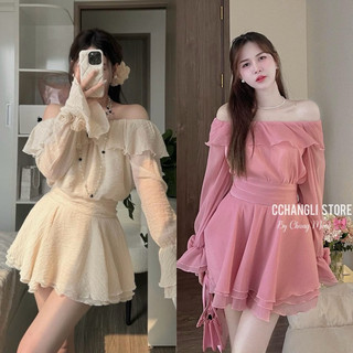 Set áo trễ vai bèo ngực tay phồng đính hoa + chân váy xoè kem hồng