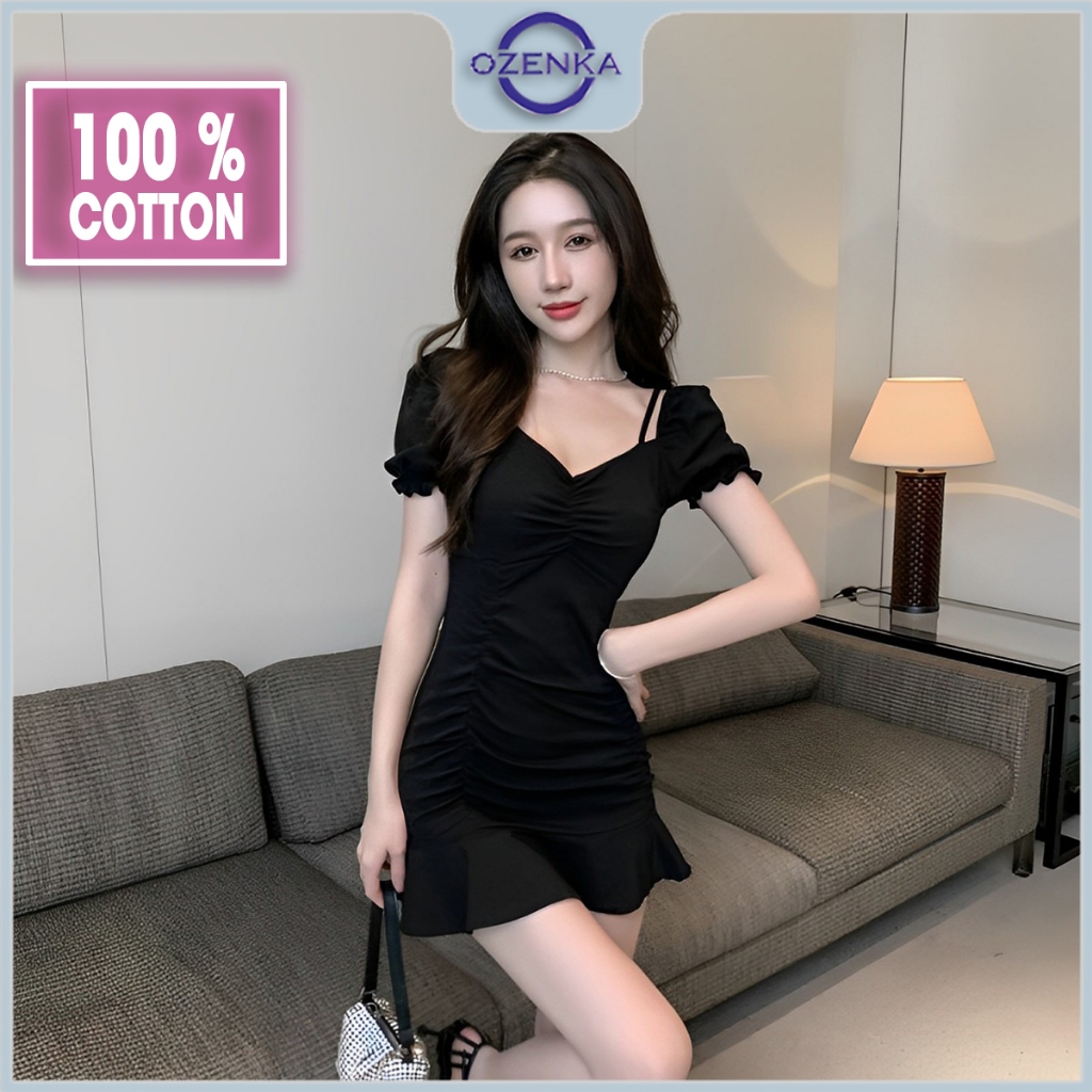 Váy ôm body ngắn trễ vai đi tiệc dáng a ozenka , đầm xòe bồng 2 dây xinh sang chảnh cotton mát gợi c