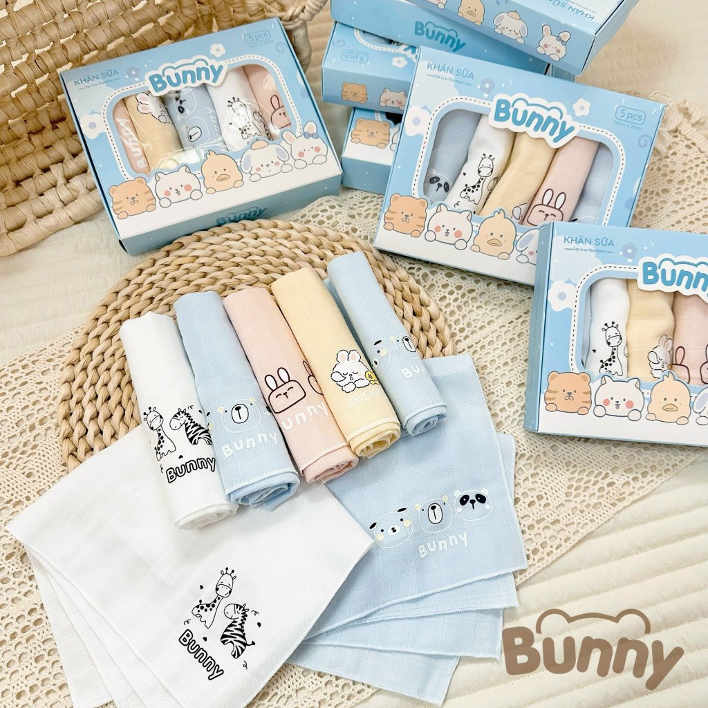 Khăn sữa sợi tre Bunny 30x30cm (Hộp 5 cái)