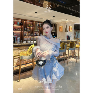 Set Váy Tơ MEDECHILL Áo Xếp Ly Lệch Vai Tay Loe Phối Hoa, Chân Váy Bèo Tầng Đính Hoa Tạo Điểm Nhấn Sang Chảnh S571