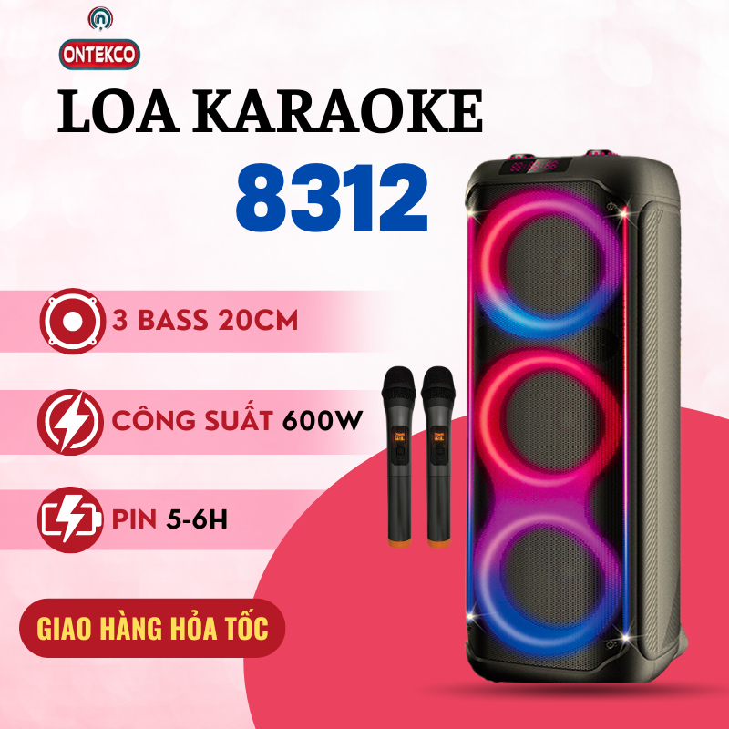 Loa kéo ONTEKCO bluetooth Partybox 8312 bass 20, tay mic đi kèm tần số UHF, đèn led RGB, hát karaoke chống hú cực hay