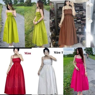 Đầm 2 dây nhún ngực cột dây nơ lưng dáng dài mùa hè xinh xắn