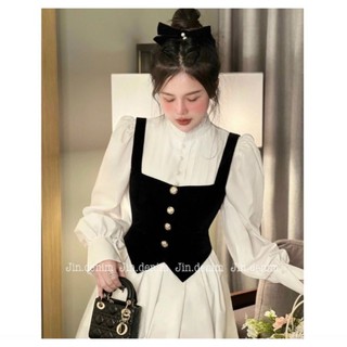 Đầm nữ dáng xòe phối lụa tay dài xếp ly ngực xinh xắn mix áo ghi lê nhung siêu ximh dành cho các nàng diện đi chơi mtb