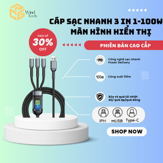 Cáp Sạc Nhanh 100W 3 Đầu Sạc Bọc Dù, có màn led hiển thị, chip thông minh kiểm soát và điều chỉnh dòng điện