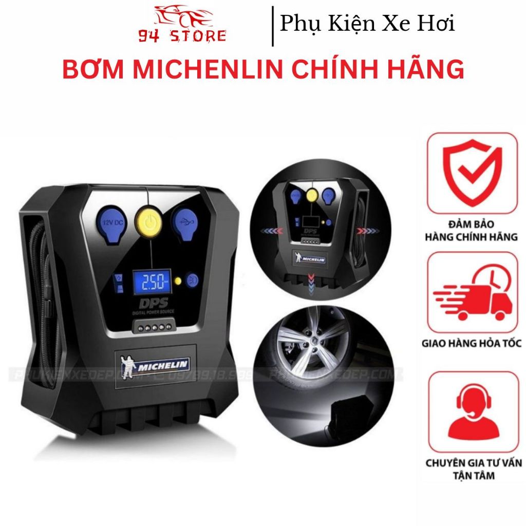 Bơm Lốp MICHELIN 12266 -CHÍNH HÃNG - Bơm Lốp Cao Cấp Đa Năng Tự Ngắt MICHELIN Cho Ô Tô Xe Máy Kèm Bộ