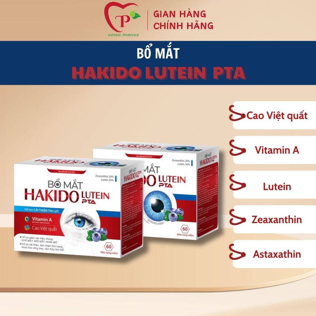 Viên uống bổ mắt HAKIDO LUTEIN PTA chứa Cao việt quất, Lutein tăng cường thị lực, giảm mỏi mắt, khô 