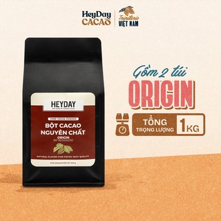 1kg Bột cacao nguyên chất Việt Nam 100% không đường Heyday -Dòng Origin thượng hạng [2 túi zip 500g]