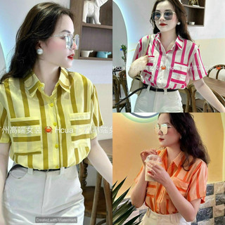 Áo sơ mi kẻ sọc to cộc tay túi ngực nữ