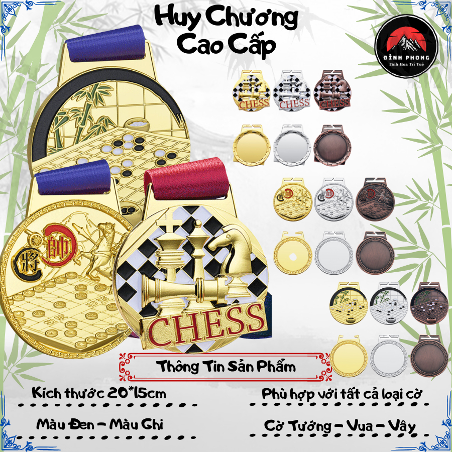 Bộ huy chương vàng bạc đồng cho bộ môn cờ tướng, cờ vua, cờ vây được làm bằng kim loại mạ vàng – bạc –đồng rất chuyên ng