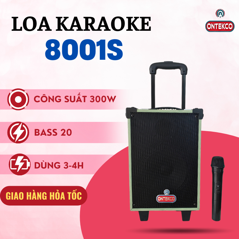 ( Tổng Kho ) Loa kéo di động ONTEKCO 8001S bass 20 công suất 300W, thùng gỗ chắc chắn/ Tặng kèm 1 micro karaoke