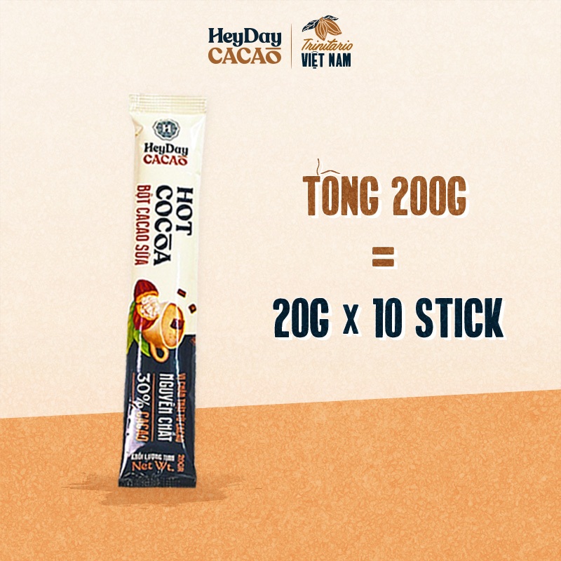 [Tổng 200g] Bột Cacao Sữa Heyday - Đậm vị chân thật từ cacao nguyên chất - Combo 10 gói tiện lợi 20g