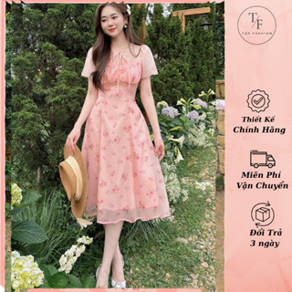 Đầm hoa  nhí màu hồng thiết kế Cổ yếm tôn dáng, giấu bụng cao cấp - Váy hoa 2 lớp mùa hè