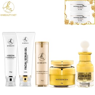 Bộ 5 sản phẩm Ngừa Mụn Trắng Da KN Beauty gồm: Kem dưỡng + Serum + Sữa rửa mặt + Tẩy tế bào chết + Kem chống nắng