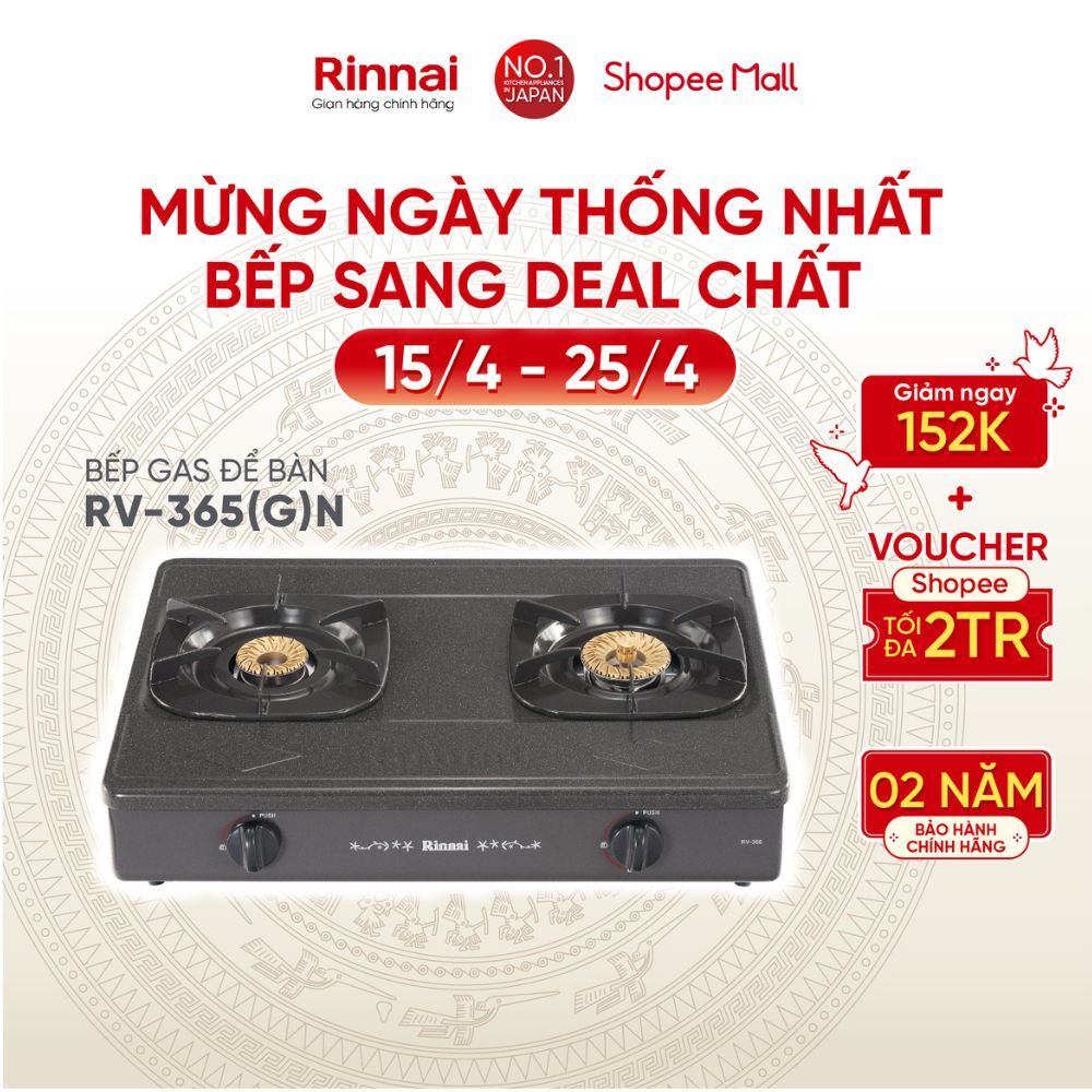 Bếp gas dương Rinnai RV-365(G)N mặt bếp men và kiềng bếp men - Hàng chính hãng.