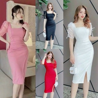 Đầm body thiết kế tay xô xốp nơ cao cấp-tko tặng hoa tai