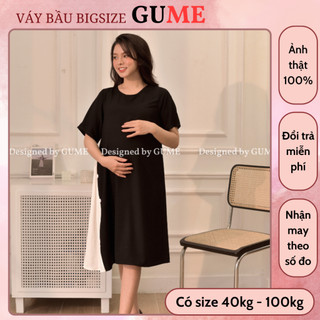 Đầm bầu công sở 40-130kg - váy bầu gume váy bầu suông đen phối vạt trắng phối điểm nhấn cúc trắng mb141