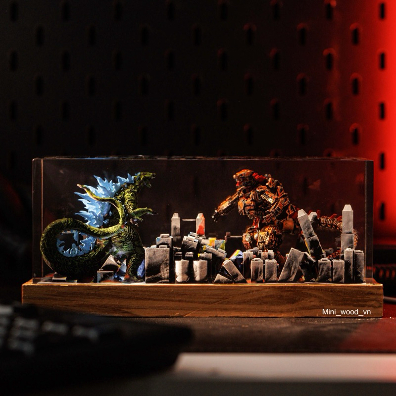 Đèn gỗ resin epoxy Godzilla vs Kong.Lamp resin epoxy Godzilla vs King Kong.Lamp resin epoxy custom n