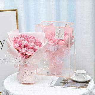 Bó hoa hồng sáp phối hoa baby khô kèm túi đèn thiệp - 10 Bông Hồng Mix hoa khô baby tặng người yêu