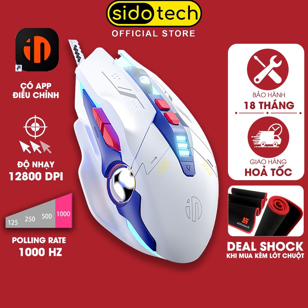 Chuột gaming có dây SIDOTECH INPHIC W9P GUNDAM 7 nút bấm silent chống ồn 1000Hz 12800 DPI led RGB có app máy tính laptop