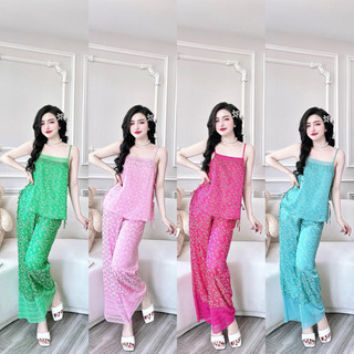 Set bộ dây ren quần dài gấm hoàng gia cột eo form chuẩn dễ thương 1112