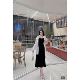 Sét váy tăm lạnh 2 dây ôm body kèm khoác ngoài siêu xinh