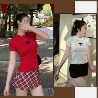 Áo thun baby tee nữ đính nơ form ôm cute, Áo phông form baby tee chất co giãn MÉN CLOTHING
